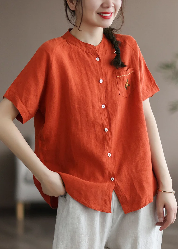 Orange Patchwork Linen Shirt Top Embroideried Button Summer