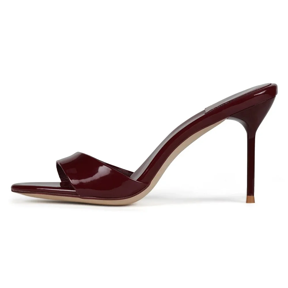 Maroon Patent Leather Round Toe Stiletto Heel Slip On Mules Sandals