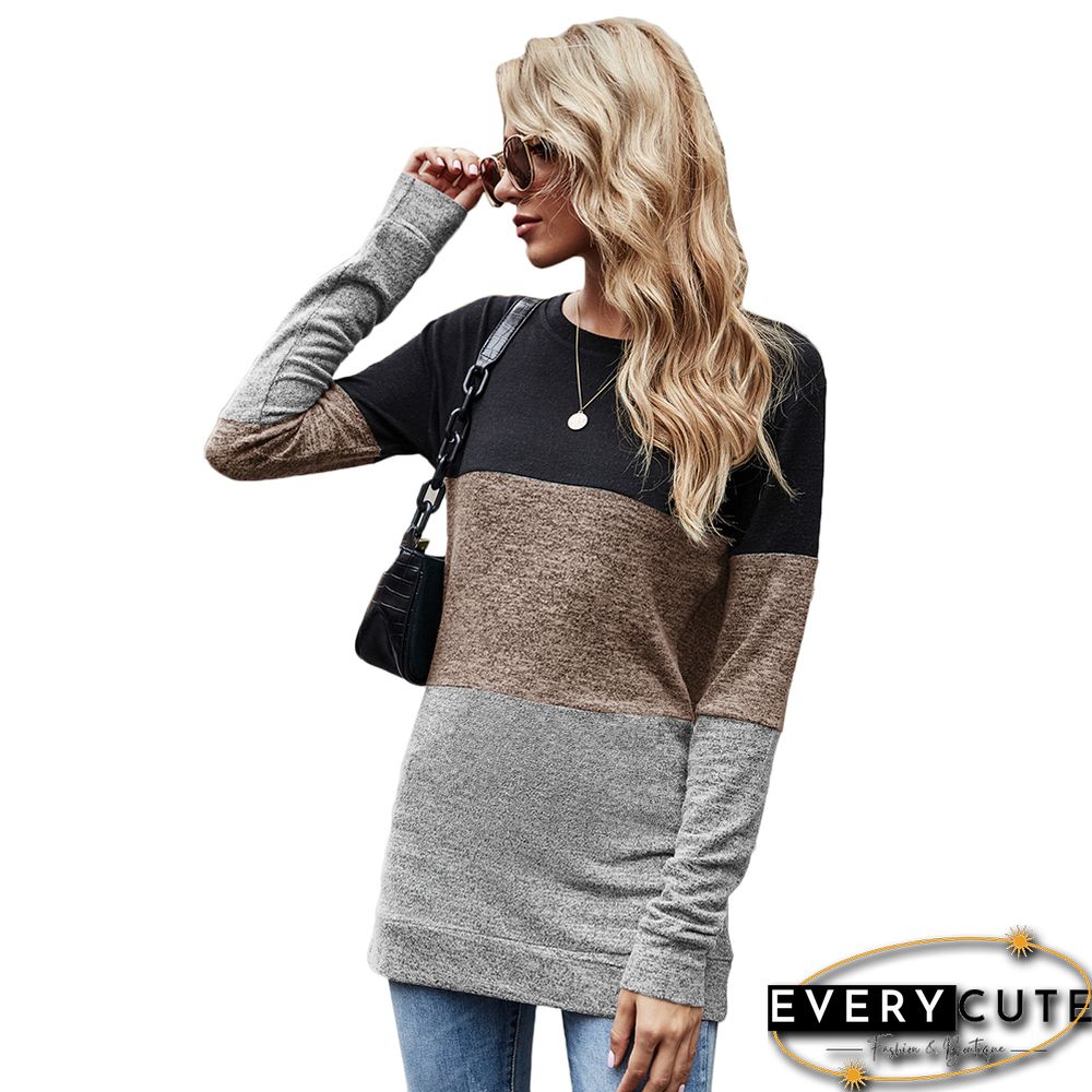 Khaki Color Block Loose Style Pullover Sweatshirt