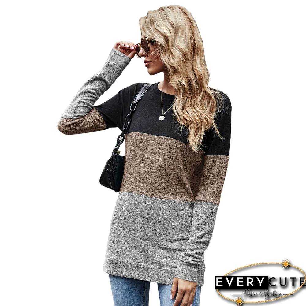 Khaki Color Block Loose Style Pullover Sweatshirt