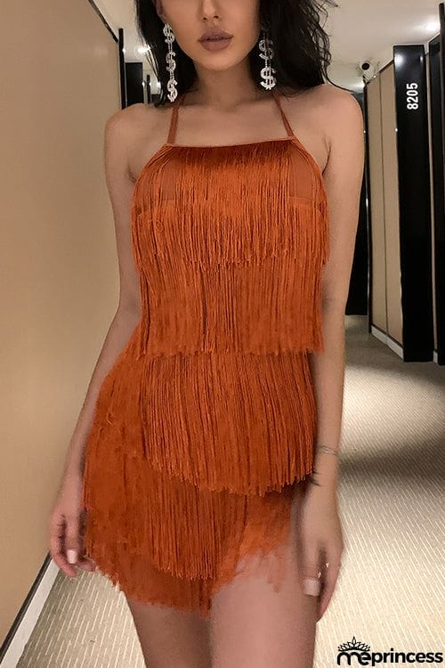 Halter Neck Open Back Tassel Hem Romper