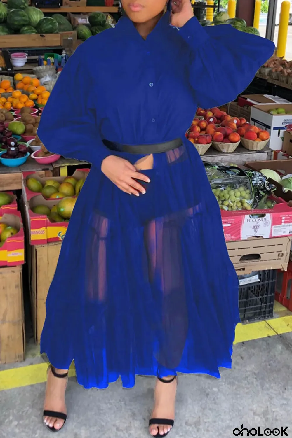 Hide Blue Casual Patchwork Solid Mesh Without Belt Mandarin Collar Irregular Dress Plus Size Dresses