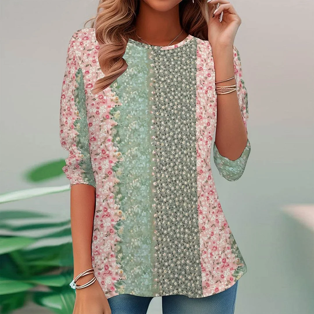 Vintage Printed Long Sleeve Plus Size Tunic for  Women and Men Unisex Pattern Floral,Pink,Green,Stitch