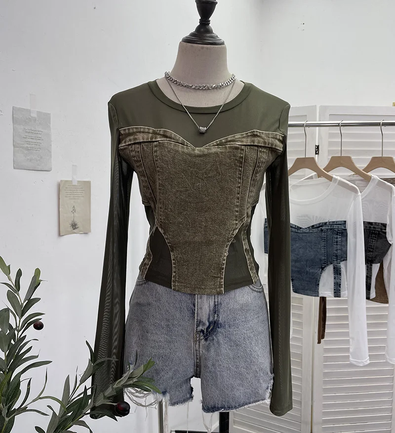 Uveng Spice Girls Design Sense Net纱 Stitched With Denim Blouse Long-Sleeved Bottom Shirts To Dress Short Niche T-Shirt 2633