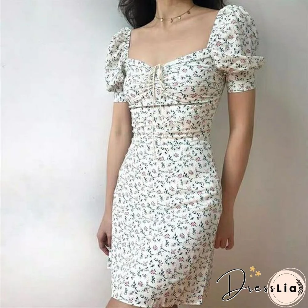 Summer Dress Retro Boho Women Tie Neck Floral Print Mini Sexy White Dress Elegant Puff Sleeve Dresses