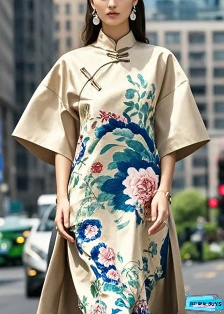 Original Design Khaki Mandarin Collar Print Silk A Line Dress Fall