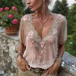 Classy Pink Roses Beaded Lace Flowy Linen Tunic - Image 2