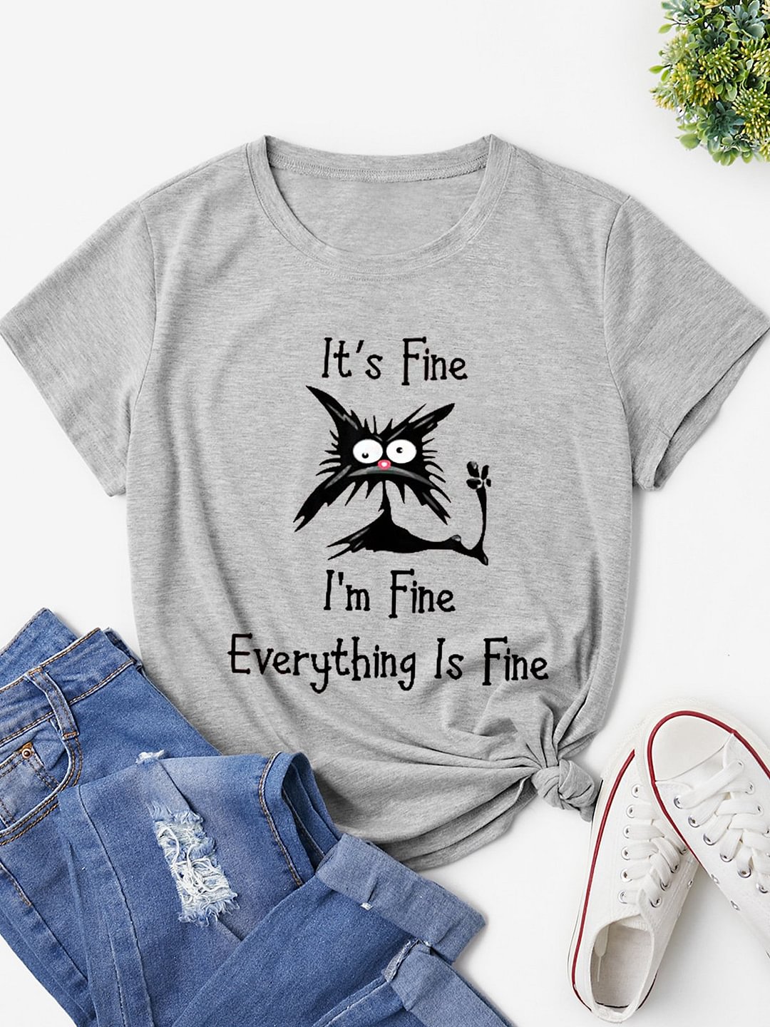 Lilyadress Women's It's Fine I'm Fine Everything Is Fine Funny Cat Graphic Cotton Tee