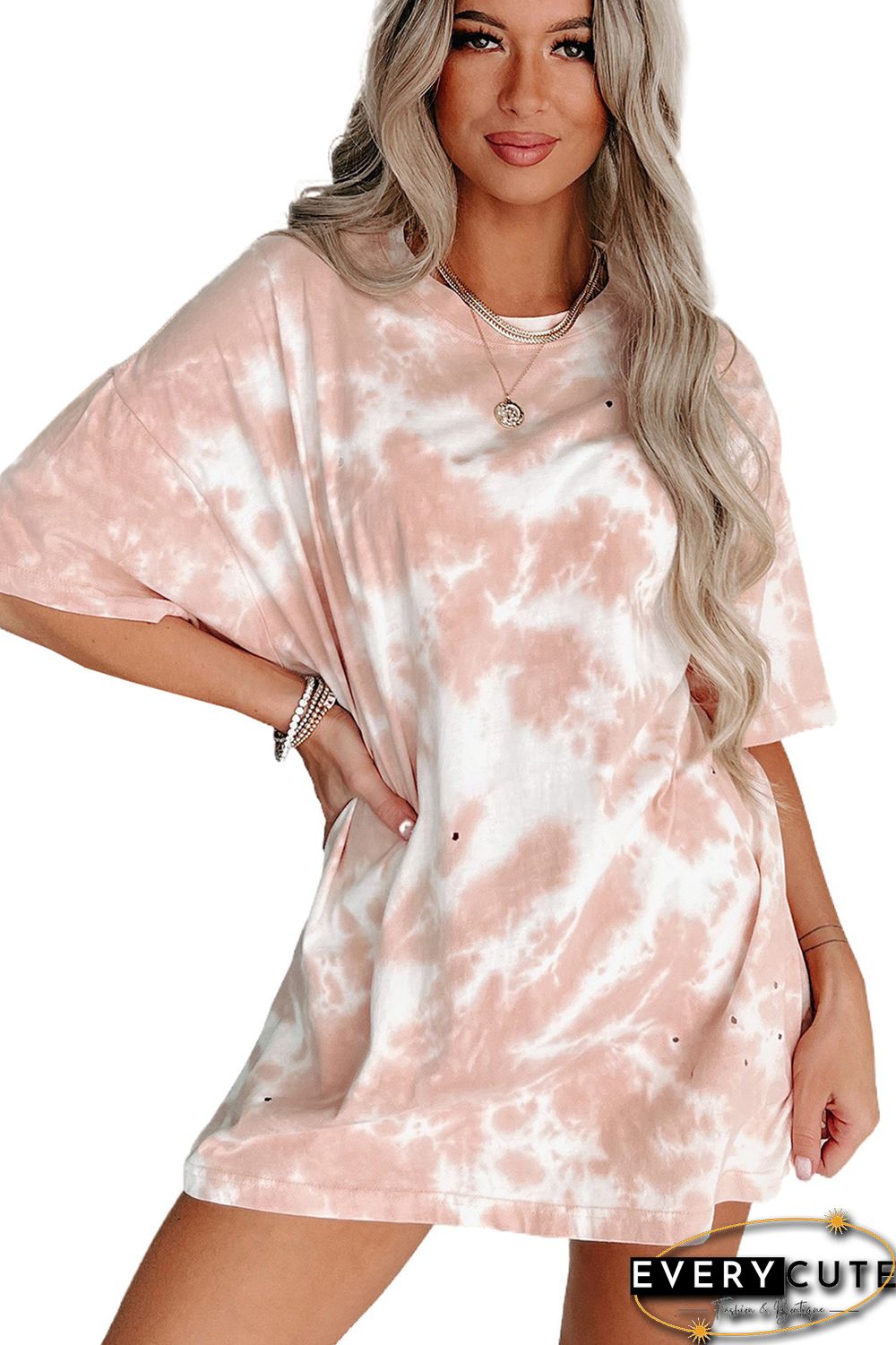 Pink Tie-dye Round Neck Short Sleeve Top