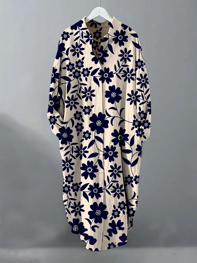 Retro Flower Print Casual Long Sleeve Shirt Dress