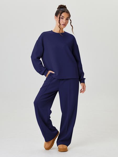 Women's Casual Solid Color Loose Long Sleeve Top & Exposed Stitches Trousers Co-ord Women's Casual Solid Color Loose Long Sleeve Top & Exposed Stitches Trousers Co-ord