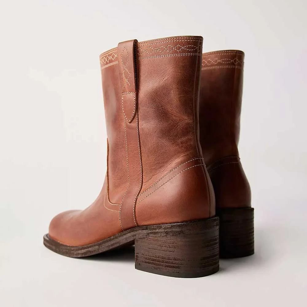 Retro Tan Mid Block Heel Pull On Ankle Square Toe Boots Women