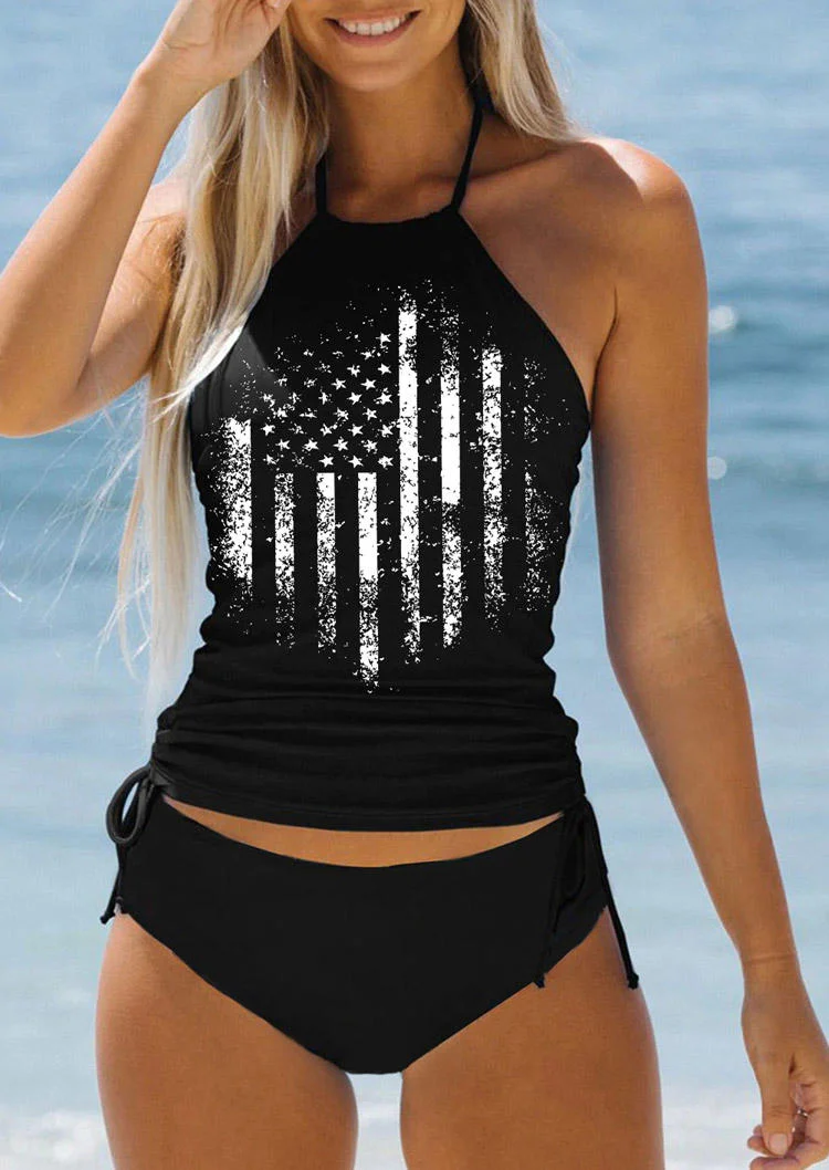 American Flag Drawstring Halter Tankini Set - Black socialshop