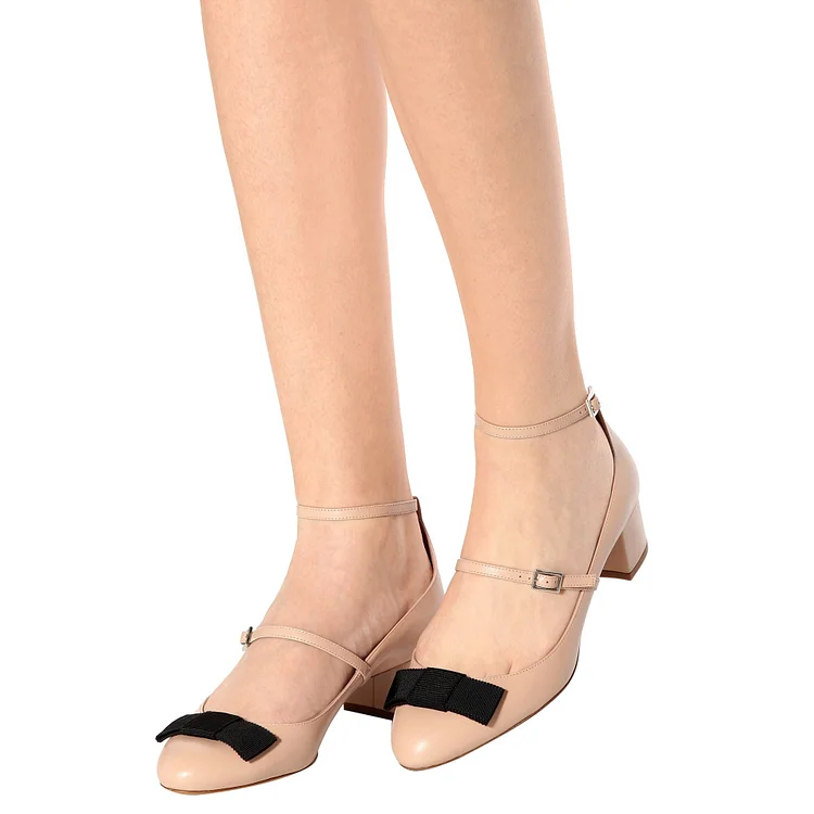 Nude Chunky Heels Two Strap Mary Jane Pumps with Bow |FSJ Shoes