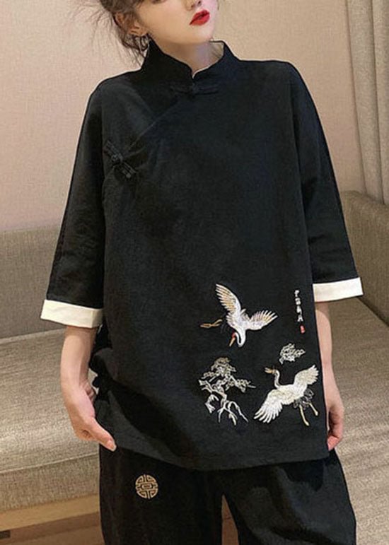 Chinese Style Black Stand Collar Embroideried Linen tops Three Quarter sleeve CK960- Fabulory