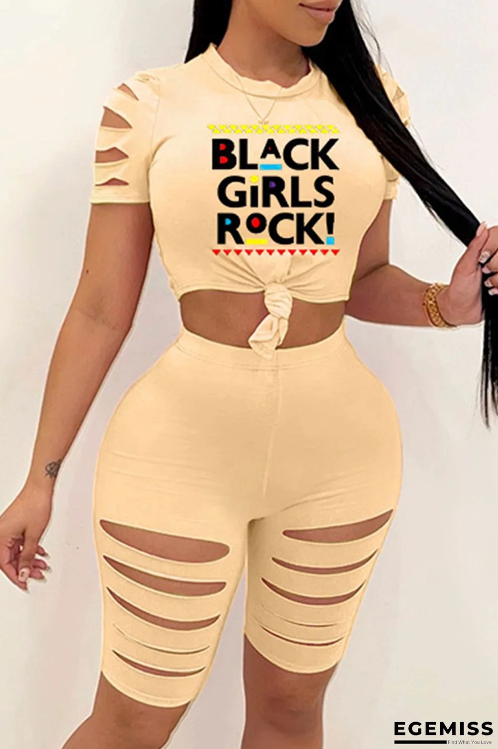 Light Yellow Fashion Casual Letter Print Ripped O Neck Short Sleeve Two Pieces | EGEMISS