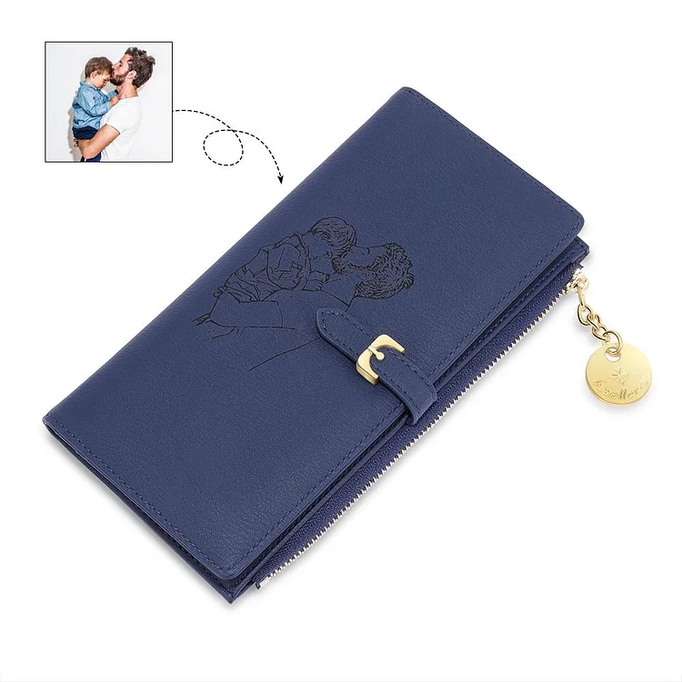 Personalized Photo Wallet Engraved Zipper Long Style Wallet Blue