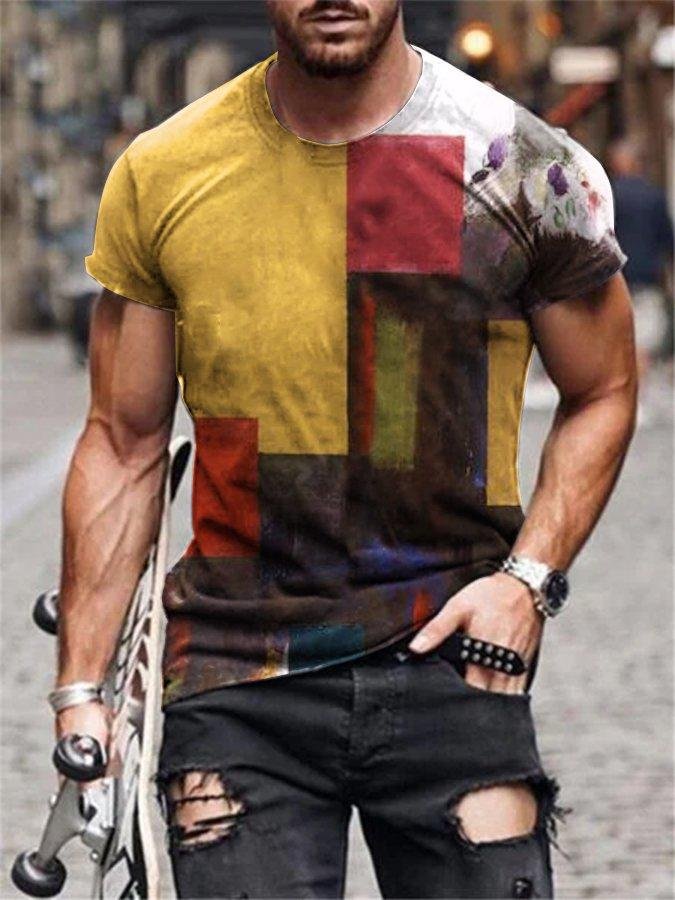 Men's Yellow Casual Abstract Geometric Crew Neck Shirts & Tops