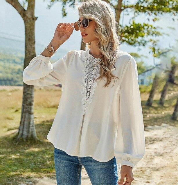 Spring Summer Women Casual Long Blouse Shirts O Neck Lace Chiffon White Shirts Fashion Female Floral Tops Female Blusas - Shop Trendy Women's Fashion | TeeYours