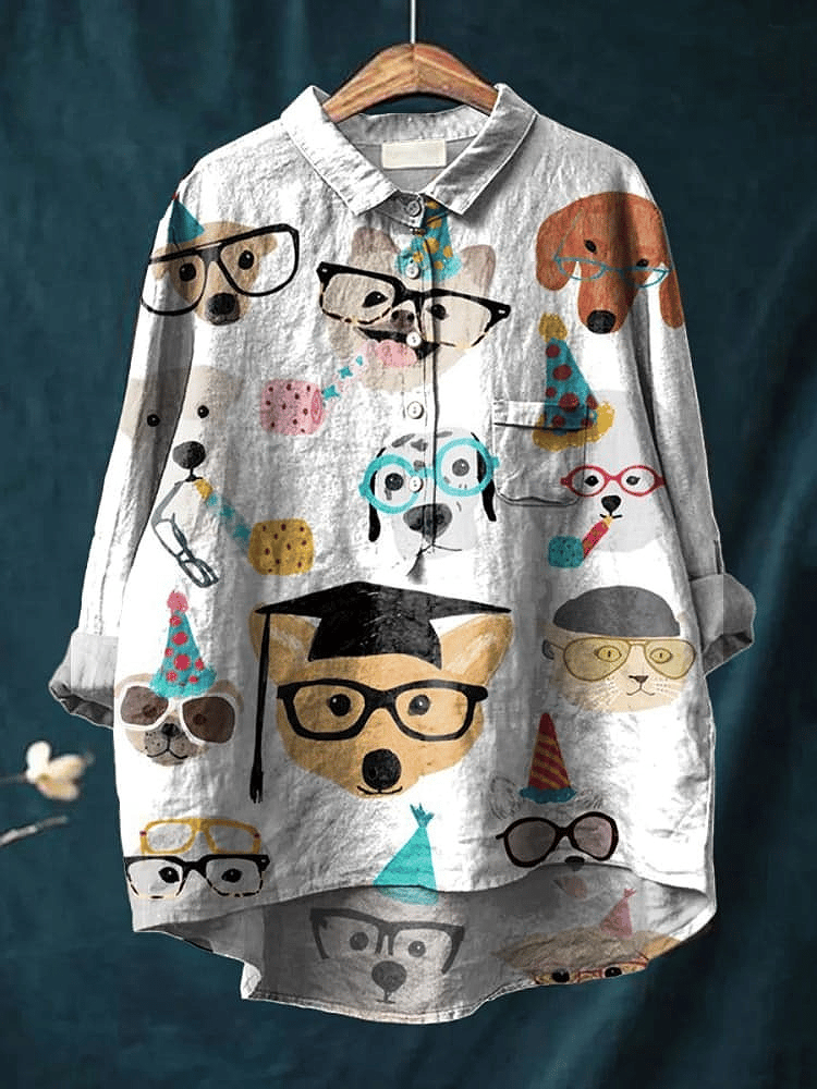 Womens Puppy Print Casual Cotton And Linen Shirt