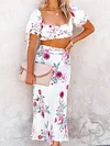 Floral-Print Puff Sleeves Tops Two Piece Skirt Suit