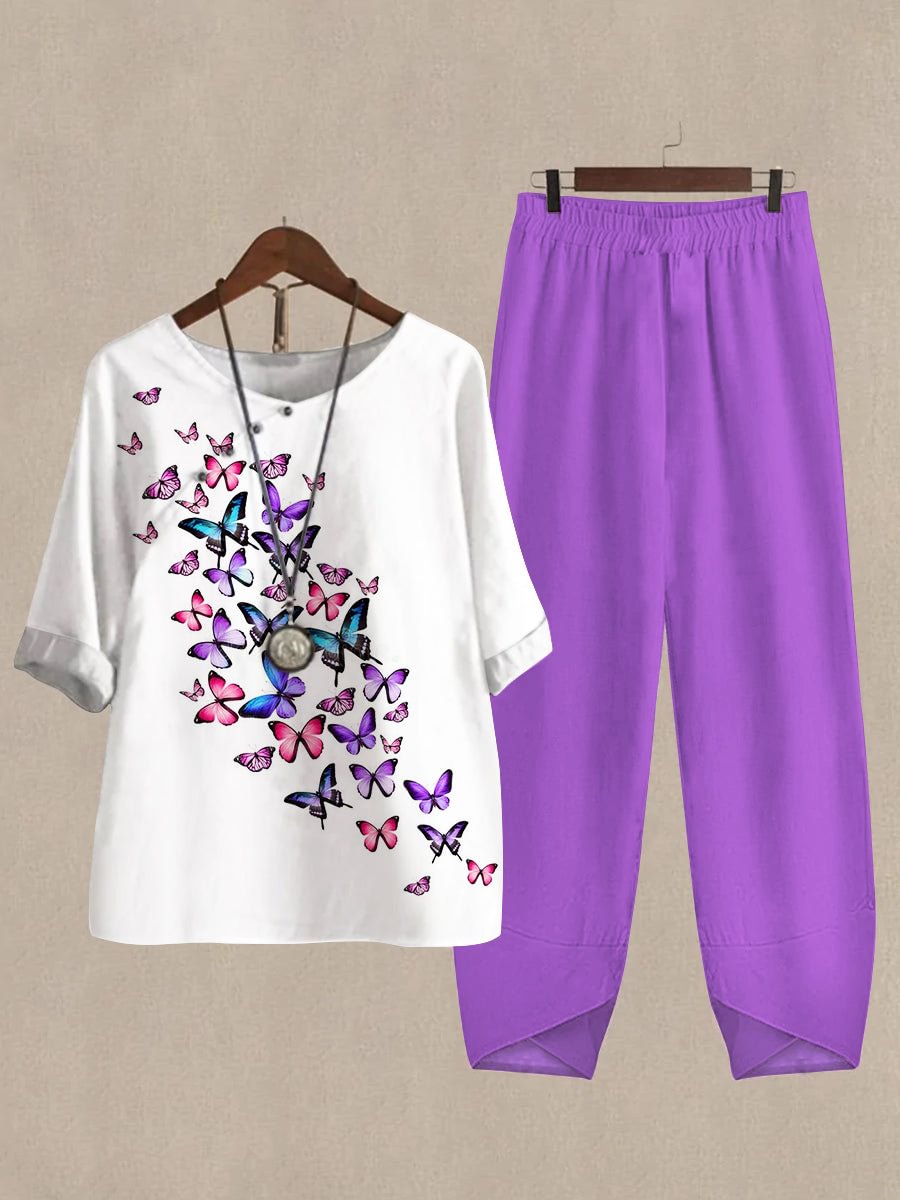 Linen Casual Women's Butterfly Print Two Pieces Set