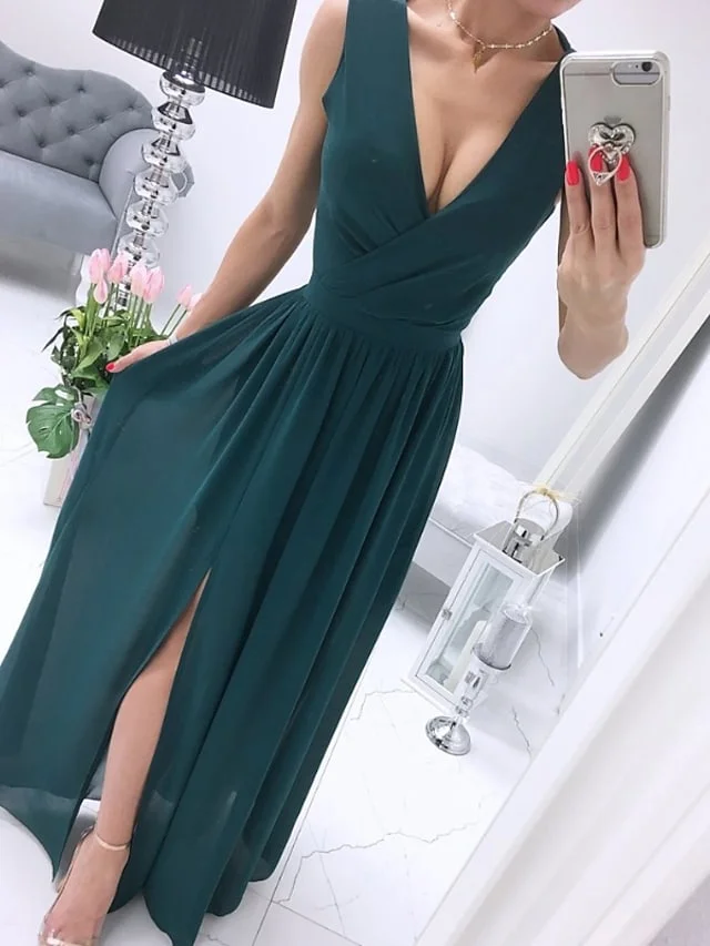 Women's Party Dress Long Dress Maxi Dress Green Black Pink Sleeveless Pure Color Ruched Spring Summer V Neck Party 2023 S M L XL XXL | IFYHOME