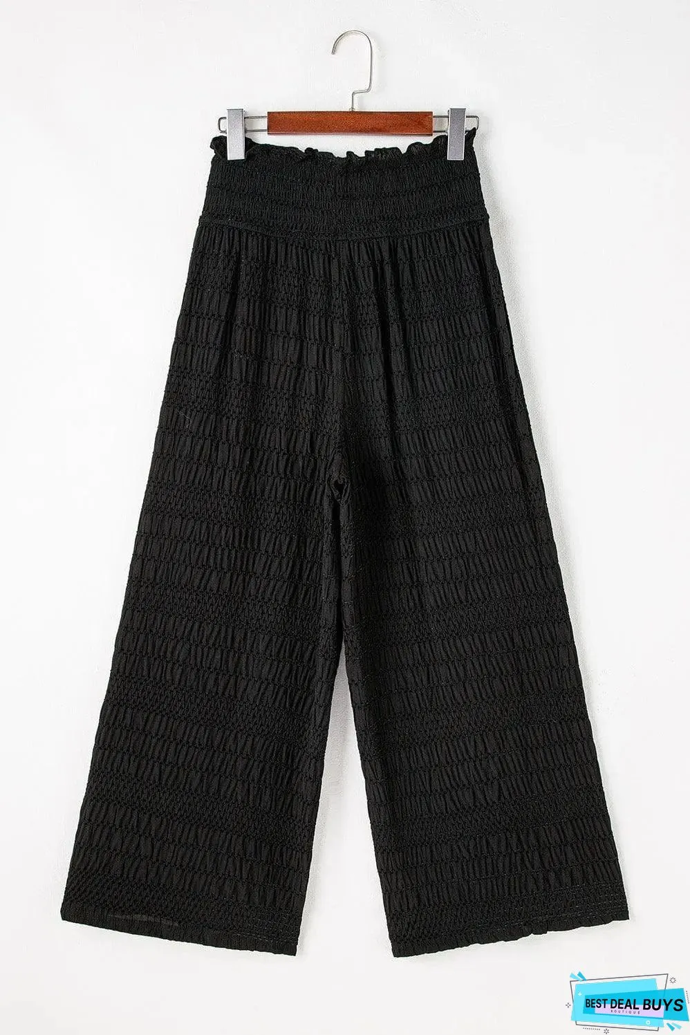 Black Textured Wide Smocked Waist Loose Pants