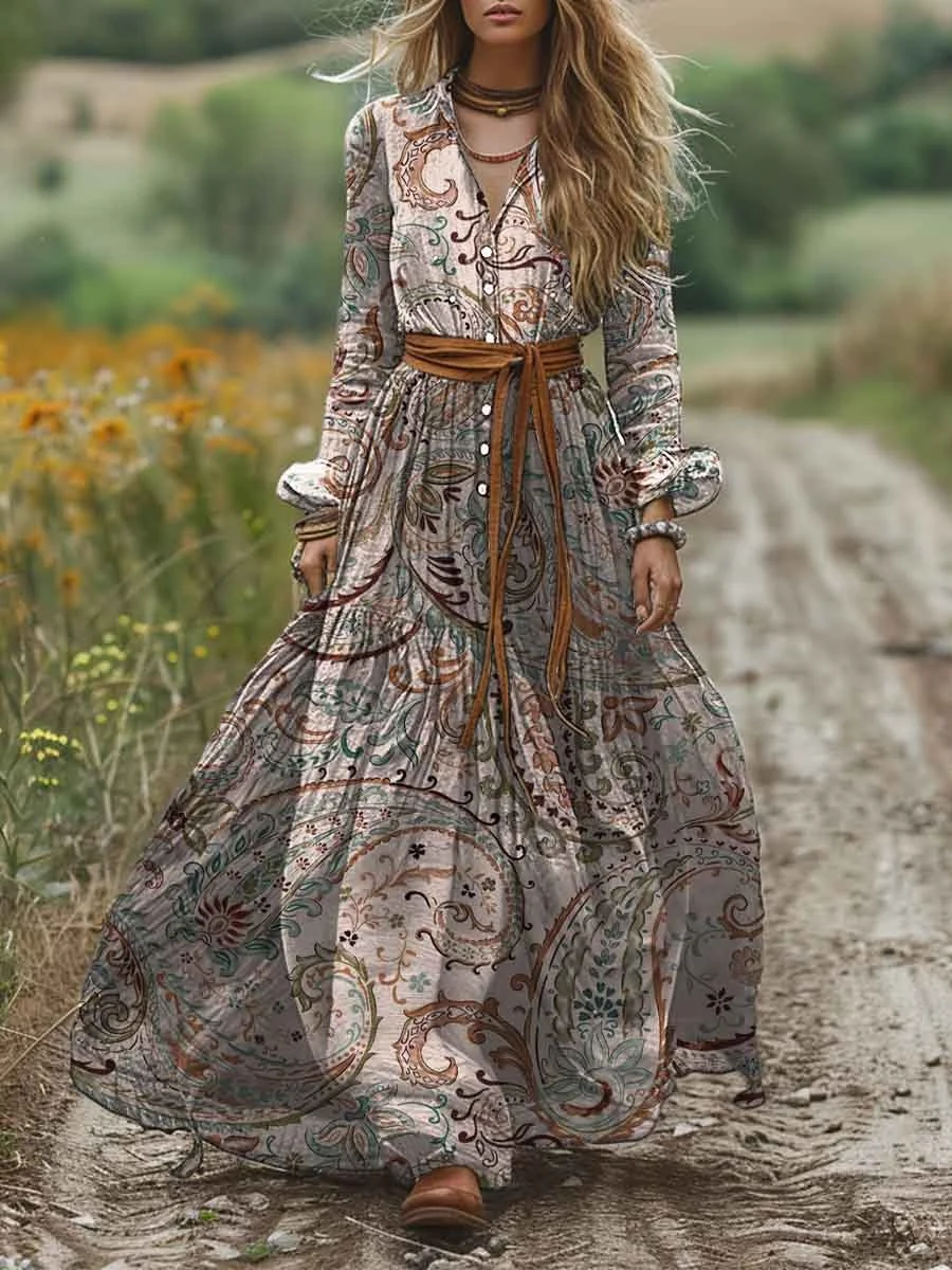 Women's Lapel Vintage Paisley Print Pocket Cotton A-Line Dress