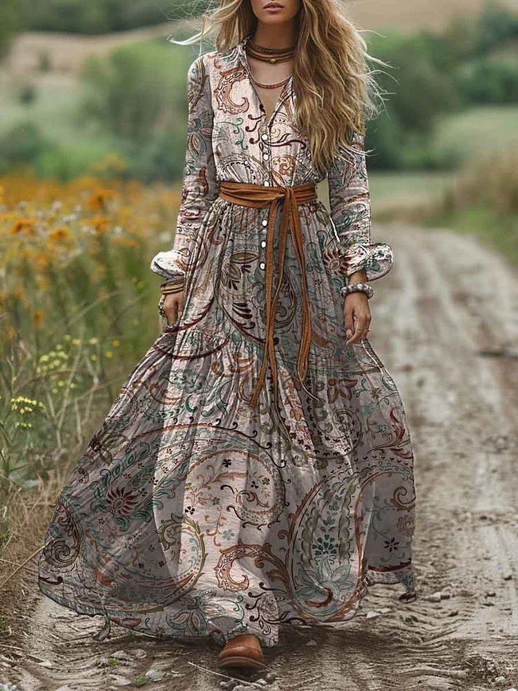 Women's Lapel Vintage Paisley Print Pocket Cotton A-Line Dress