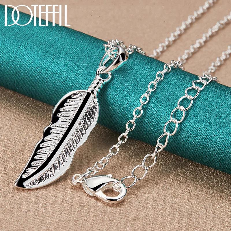 DOTEFFIL 925 Sterling Silver Feather Pendant Necklace 16/18/20/22/24/26 Chain For Woman Jewelry
