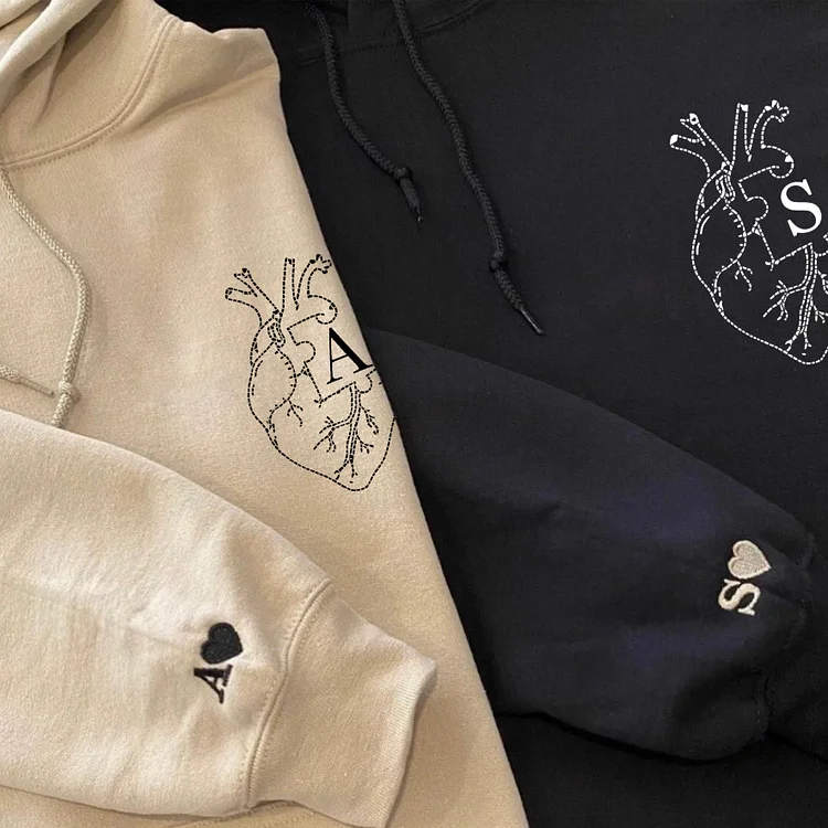 Embroidered Anatomical Heart Sweatshirt, Custom Sweatshirt with Initials on Sleeve, Couple Matching Anniversary Hoodies, Couple Gift