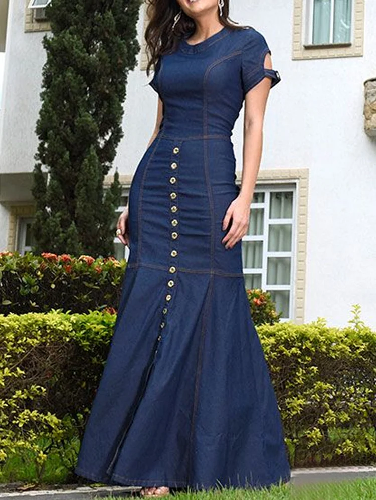 UR Fashion Solid Color Short Sleeve Denim Maxi Bodycon Dress