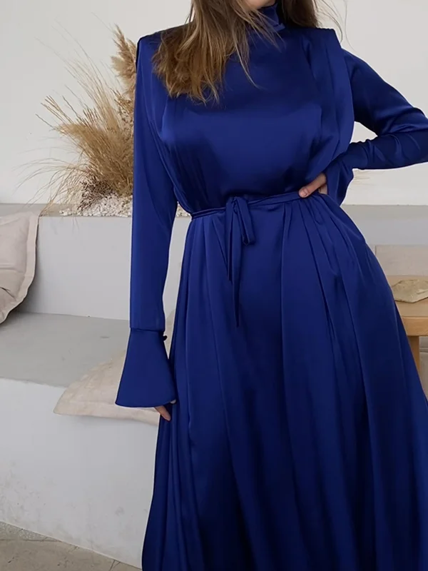 Elegant High-Neck Maxi Dress with Flared Sleeves