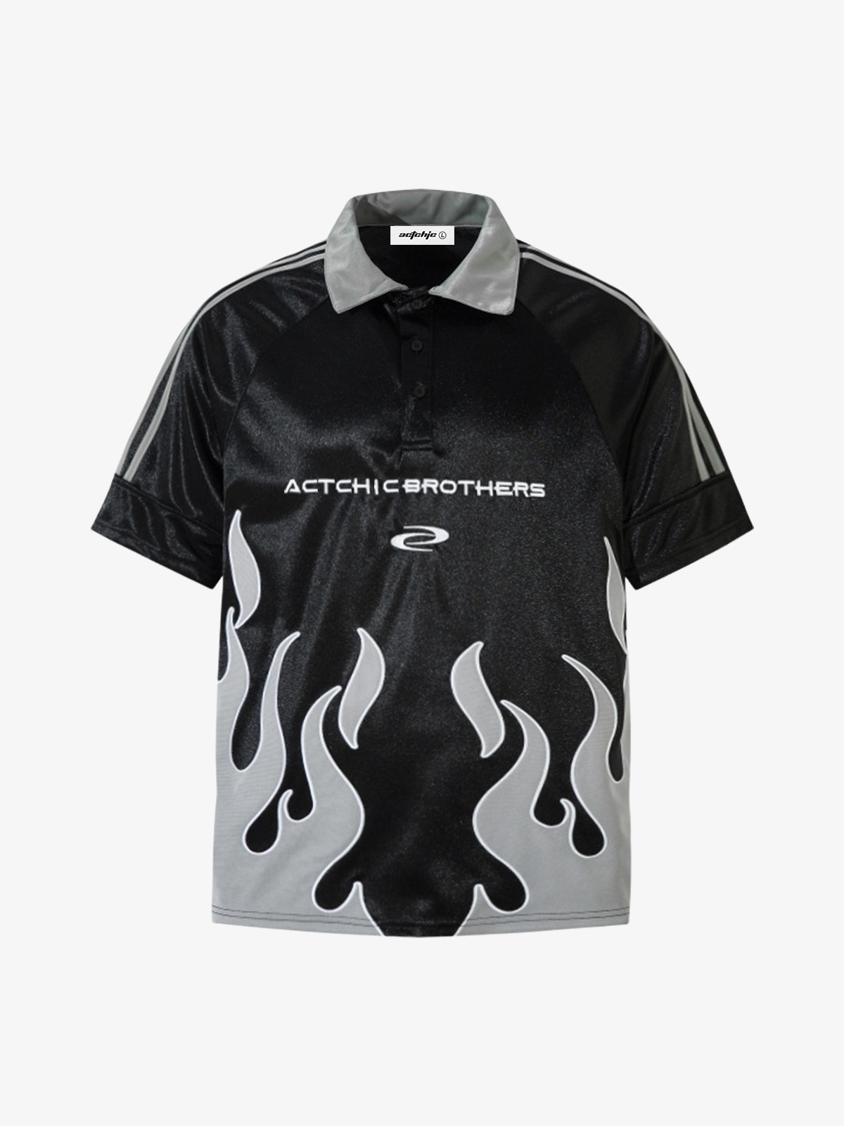 Black Act Chic Color Block Flame Patch Embroidery Polo Tee Front