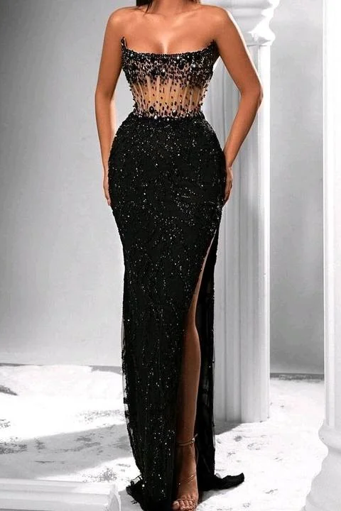 Daisda Glamorous Black Strapless Sleeveless Long Prom Dress With Split