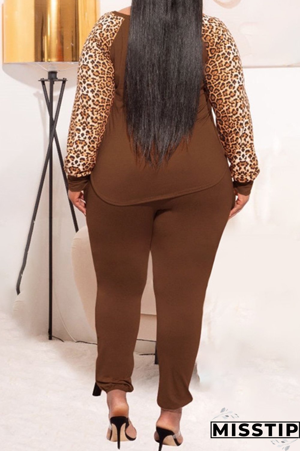 Earth Yellow Casual Leopard Patchwork O Neck Plus Size Two Pieces