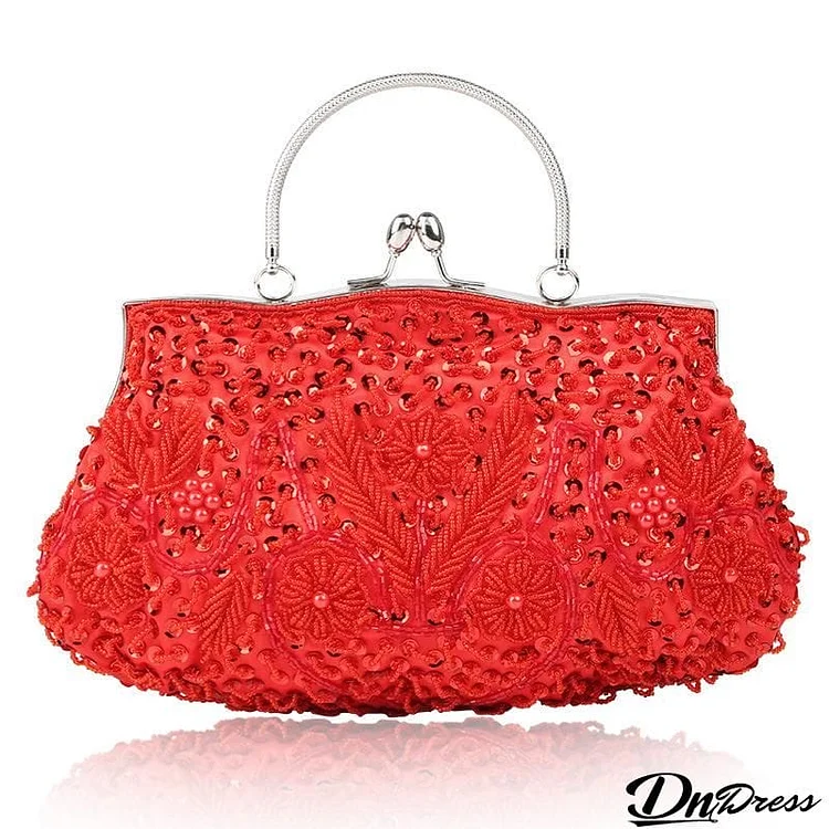 Shimmering Elegant Top-Handled Floral Beaded Clutch Evening Bag Wedding Party