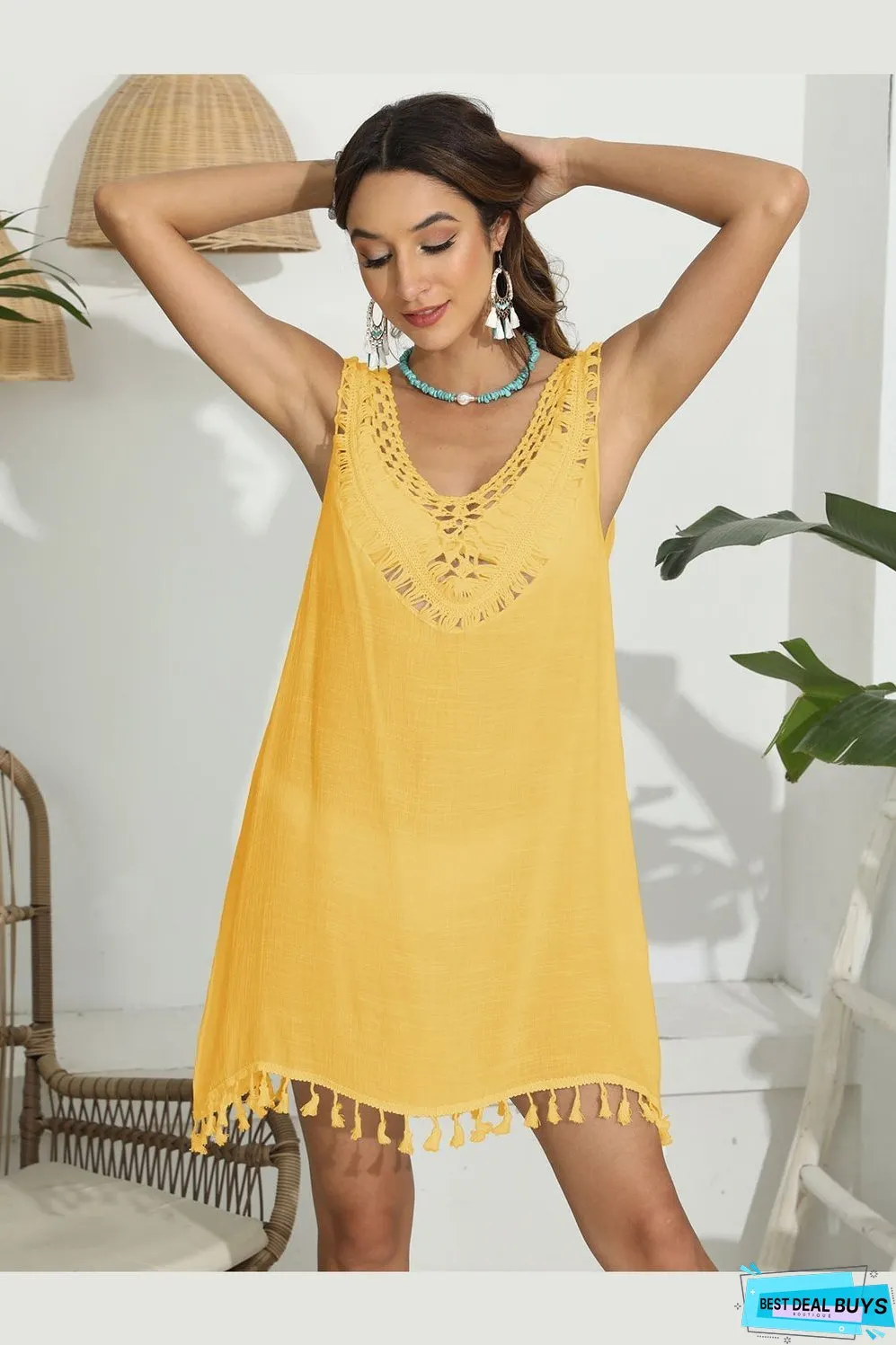 Tassel Scoop Neck Wide Strap Cover-Up