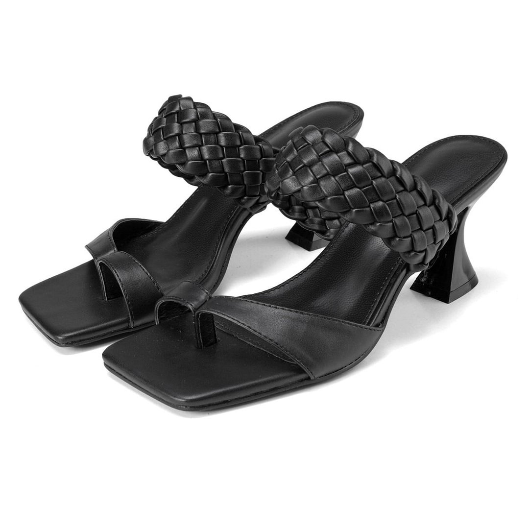 Women's Mid Heel Sandals Square Open Toe Leather Woven Flip Flop Shoes