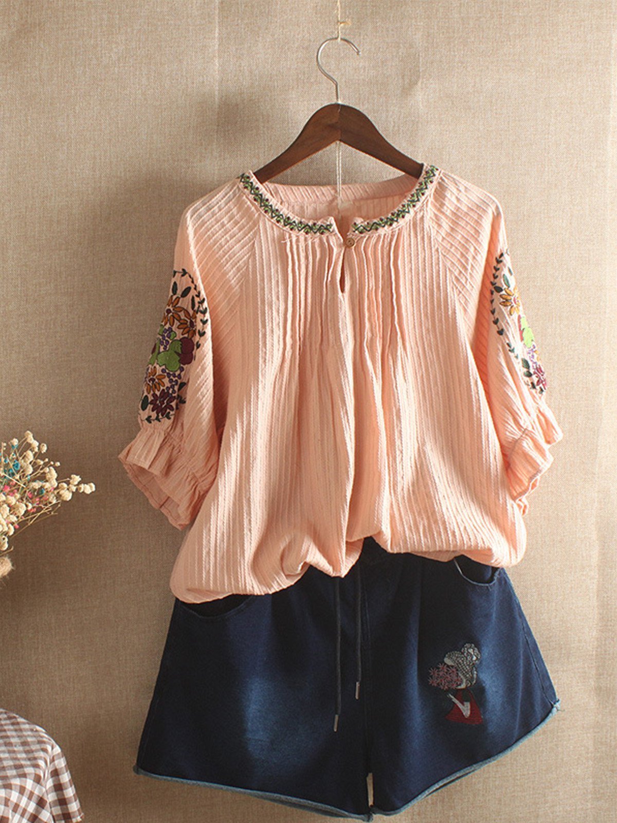 Women Casual Embroidery Tops Tunic Blouse