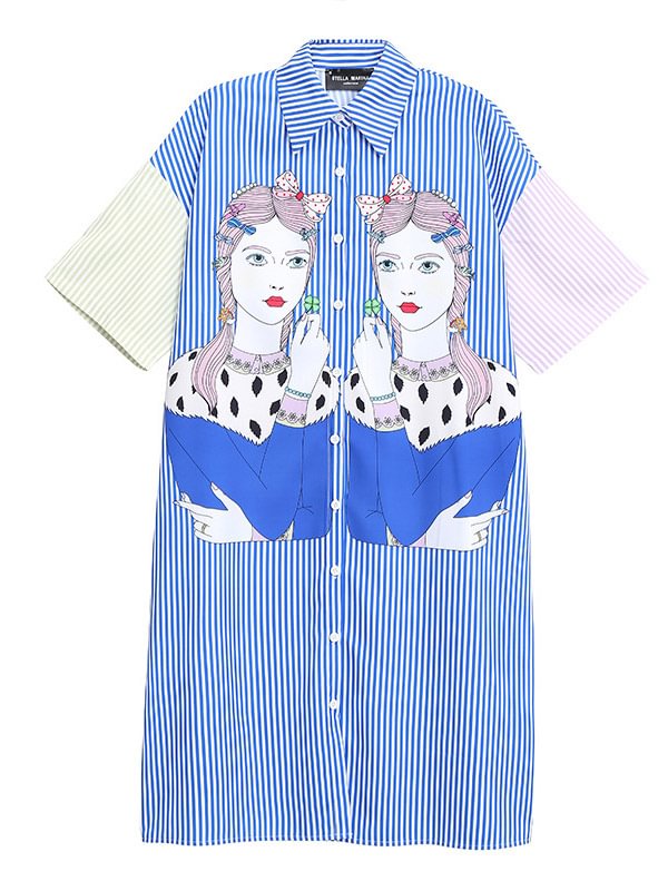 Original Striped Cartoon Portrait Printed Buttoned Lapel Collar Half Sleeves Midi Shirt Dress