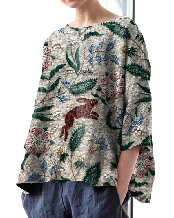 Vintage Floral Rabbit Embroidery Print Round Neck Linen Loose Top