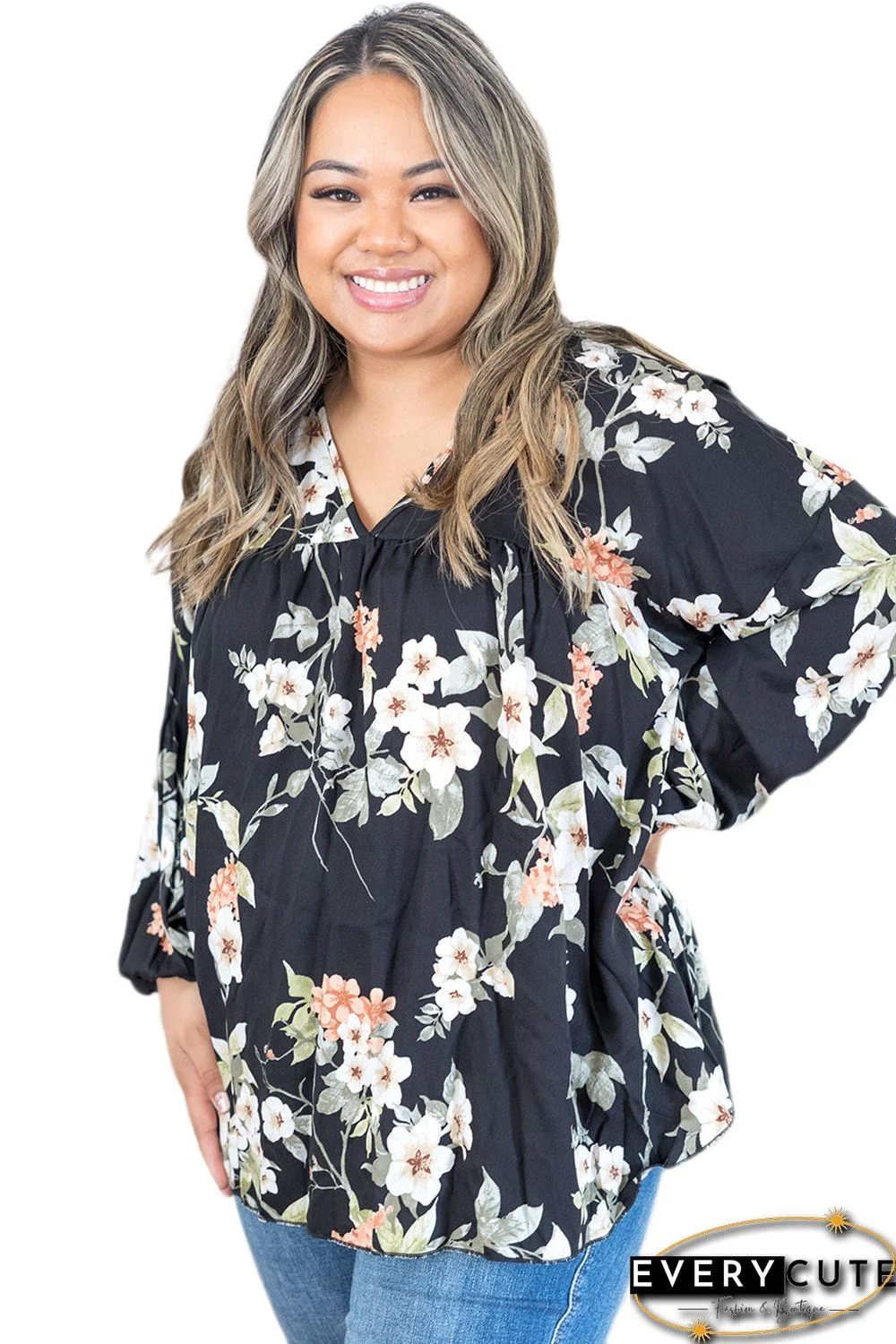 Black Floral Print V Neck Cut Out Plus Size Blouse