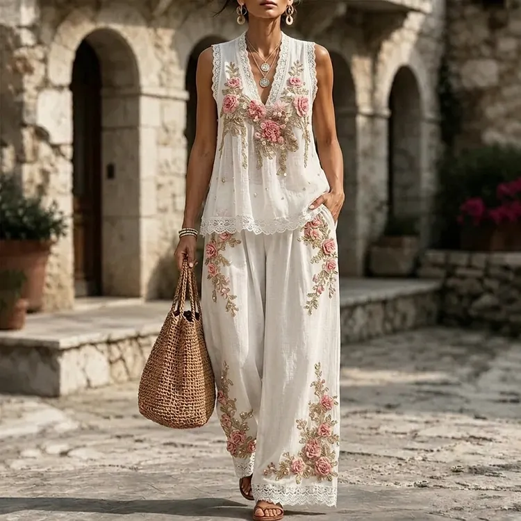 Women's Vintage Floral Embroidery Art Vest And Pants Two Piece Set