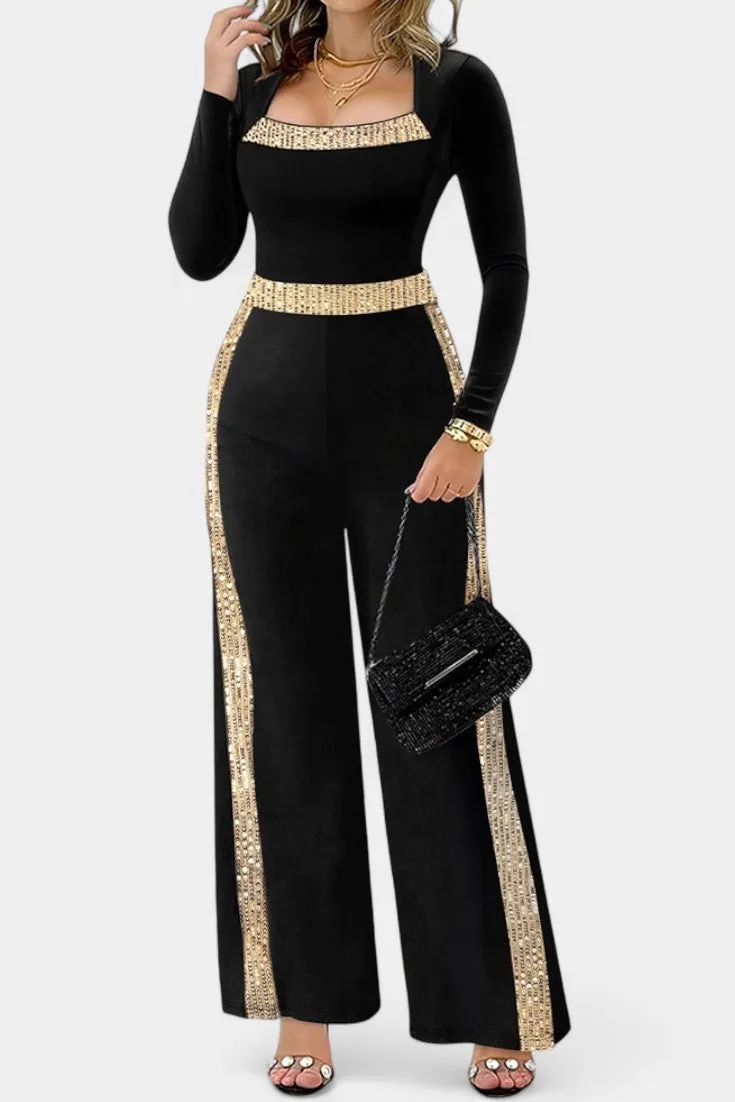 -Trimmed Long Sleeve Jumpsuit with Square Neck