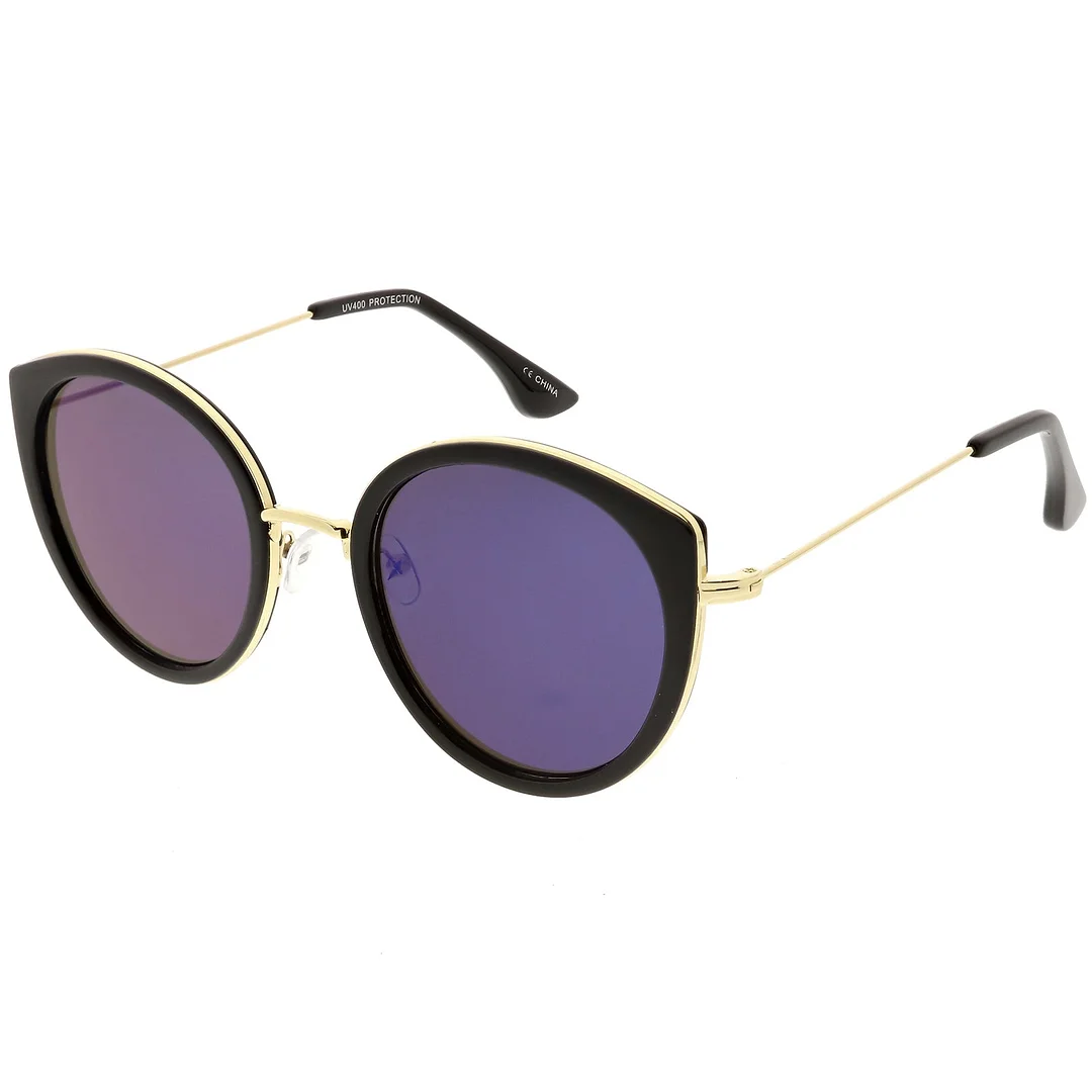 Modern Cat Eye glasses Metal Trim Round Colored Mirror Flat Lens 53mm