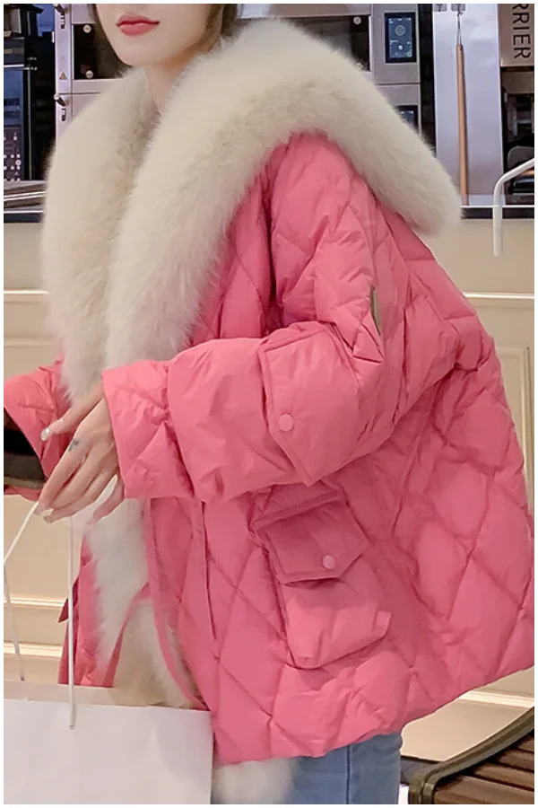 Women Pink Fur Collar Oversized Duck Down Puffers Jackets Winter