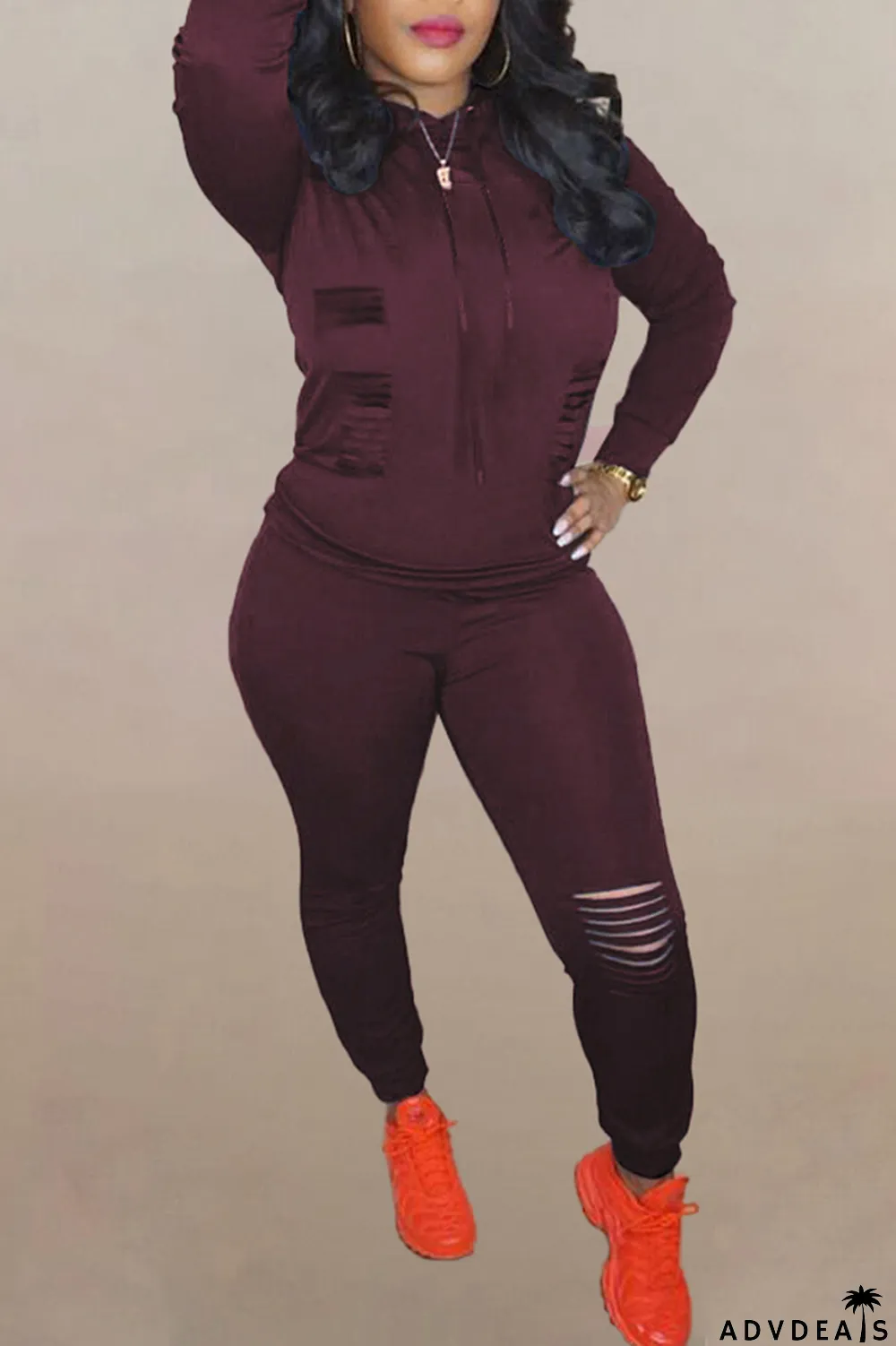 Brown Fashion Solid Ripped Hooded Collar Long Sleeve Two Pieces