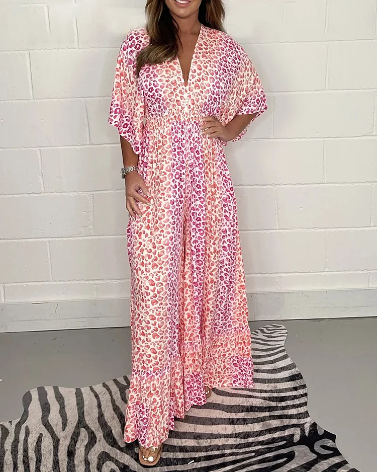 Last Sale 50% Off🔥-V-Neck Leopard Wide Leg Pant Jumpsuit